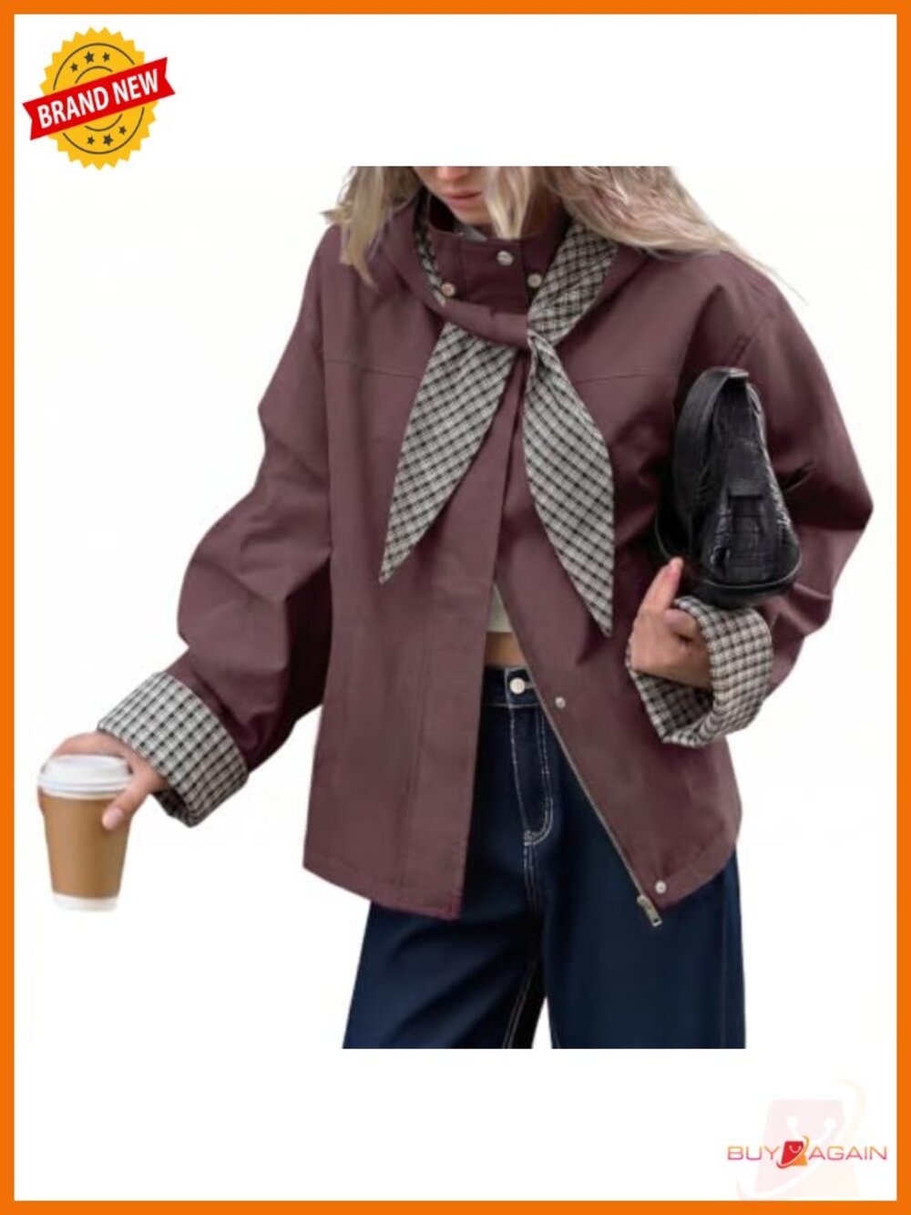 Cropped Trench Coat with Plaid Detachable Hood Lightweight Fall Jacket